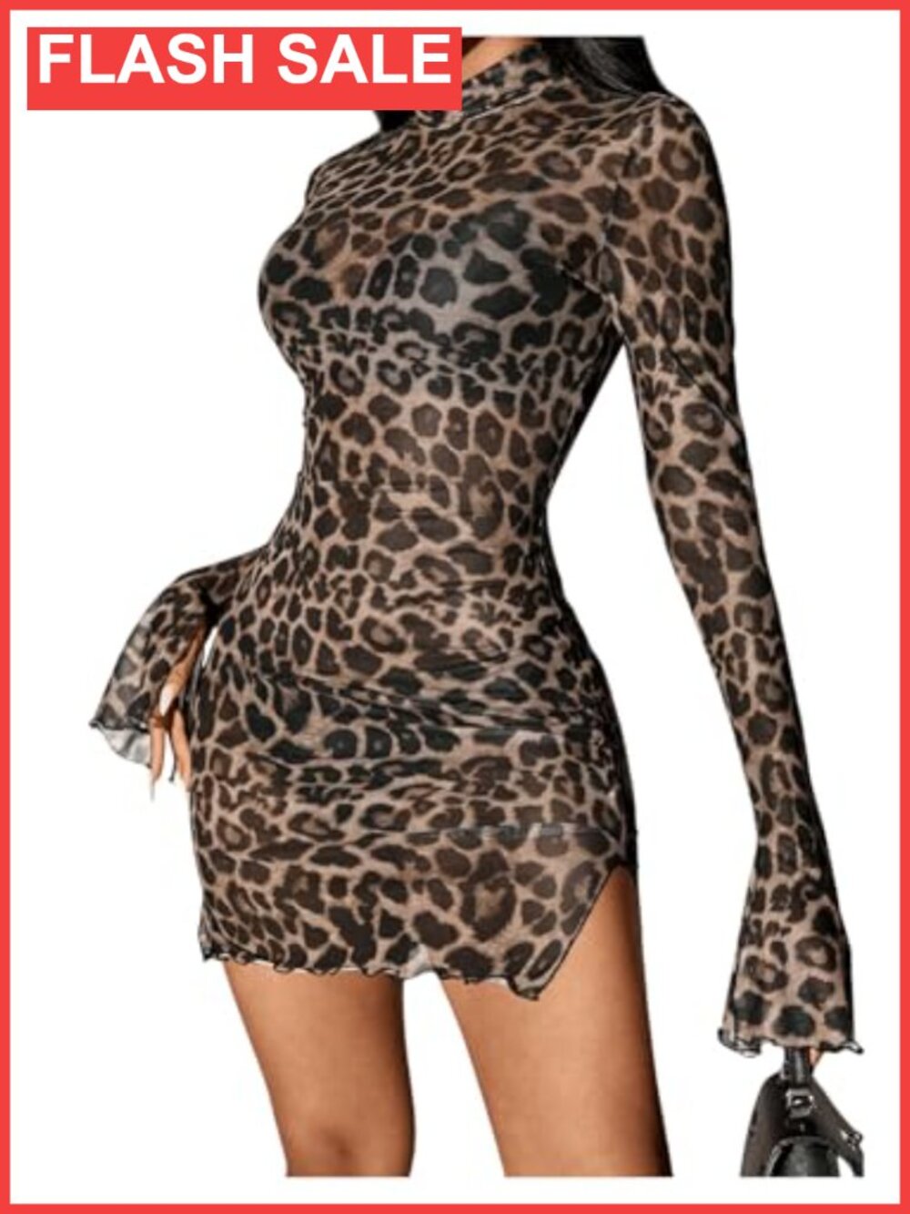 WDIRARA Women Leopard Print Sheer Mesh Bodycon Mini Dress Split Bell Sleeve